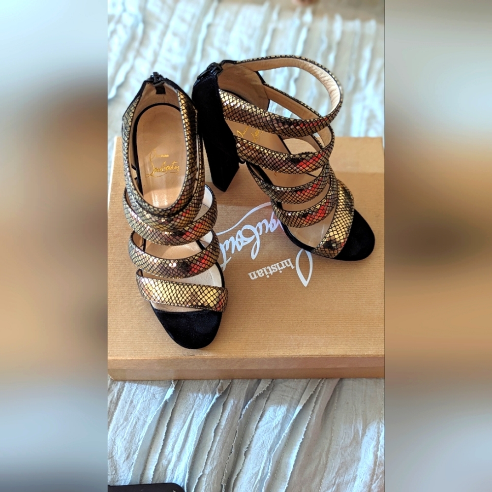 Christian Louboutin Mehari Snake-Print Suede Red Sole Bootie 38 Gold Black